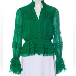 Alexis Saviard Blouse Long Sleeve Ruffle Top in Emerald Green Size Large